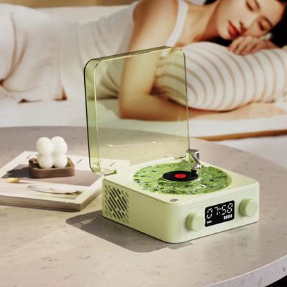 2025 New Retro Vinyl Wireless Bluetooth Speaker Alarm Clock Small Record Player Portable High-Quality Audio Home Smart Stereo